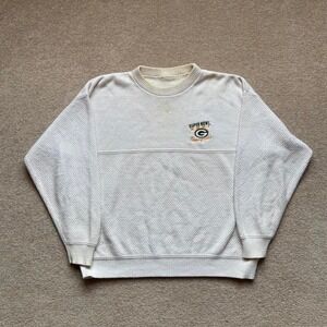 Green Bay Packers Knit Crewneck Sweatshirt Vtg 90s‎ Embroidered Cream Colored